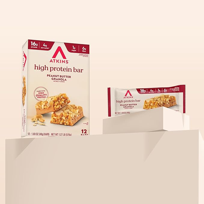 Atkins Peanut Butter Granola High Protein Bar, High Fiber Snack , 16g Protein, 1g Sugar, 4g Net Carb, Protein Snack, 12 Count