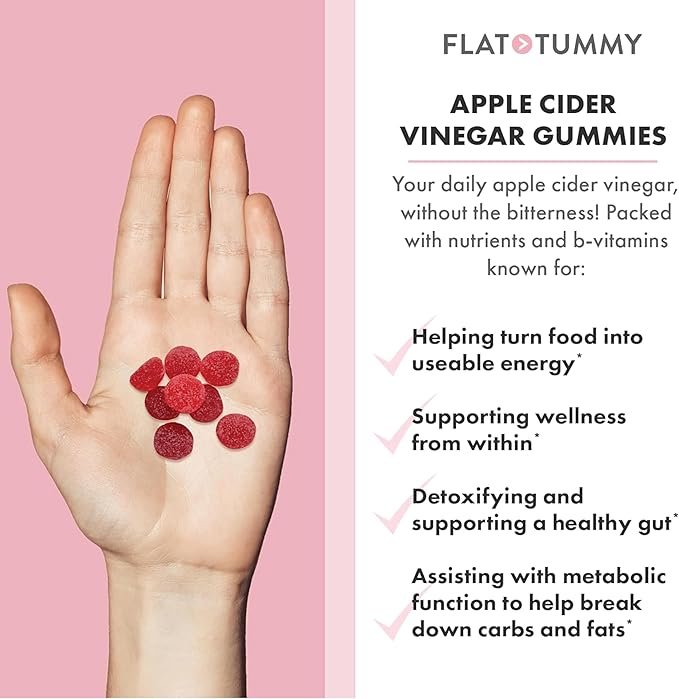 Flat Tummy Apple Cider Vinegar Gummies, 60 Count – ACV Gummies, Detox, Support Gut Health – Vegan-Friendly, Non-GMO - Beet and Pomegranate Superfood Powders, Vitamins B6, B9 & B12 (Pack of 5)