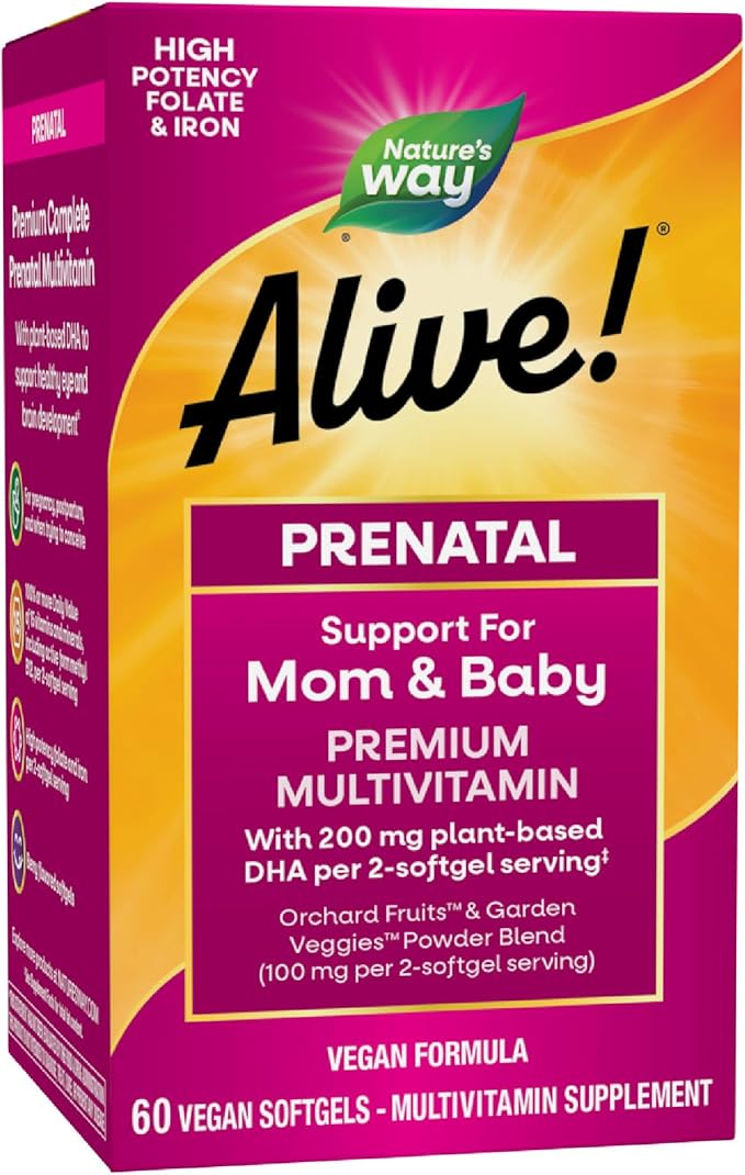 Nature's Way Alive! Complete Premium Prenatal Multivitamins for Women, Healthy Eye and Brain Development*, 60 Vegan Softgels