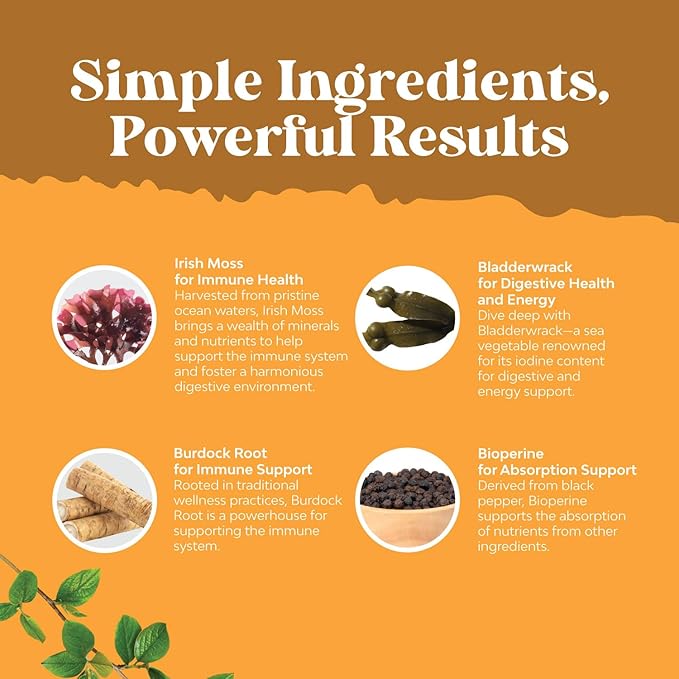 Irish Sea Moss Capsules - Sea Moss and Bladderwrack Capsules with Burdock Root Superfood Blend for Immune Support Heart Health Fertility Joint Health and Thyroid Support for Women and Men - 30 Count