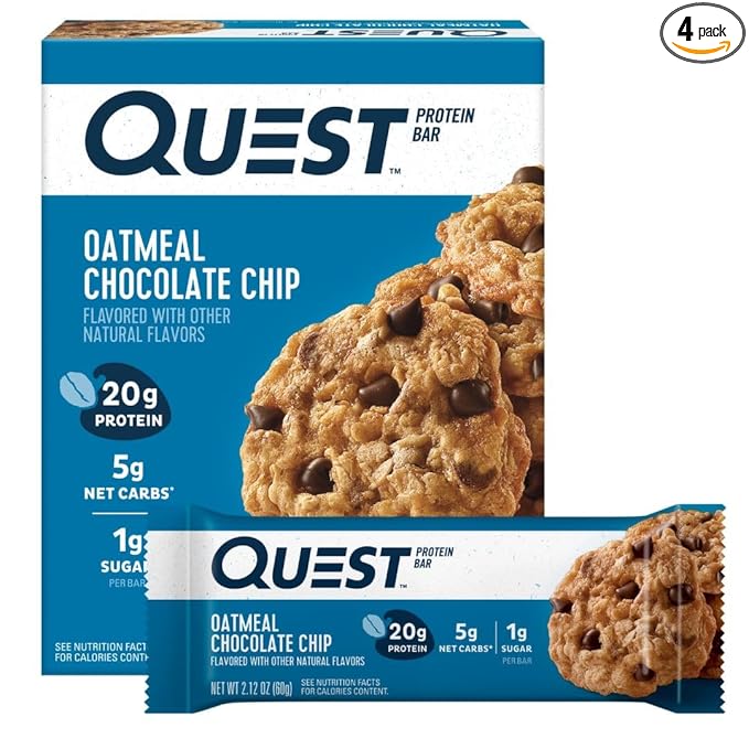 Quest Nutrition Oatmeal Chocolate Chip Protein Bars, 20g Protein, 1g Sugar, 5g Net Carb, Gluten Free, Keto Friendly, 4 Count