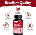 Iron Supplement - Iron 65mg High Absorption Iron Bisglycinate with Vitamin C, Calcium, Gentle Iron Pills for Women Men - Non GMO & Gluten Free, Stomach Friendly, 60 Capsules
