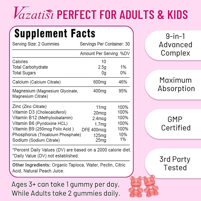 2 Pack Calcium Magnesium Zinc Gummies with Vitamin D3 B12, Calcium Supplements for Women Men, Peach Flavor 120 Cts