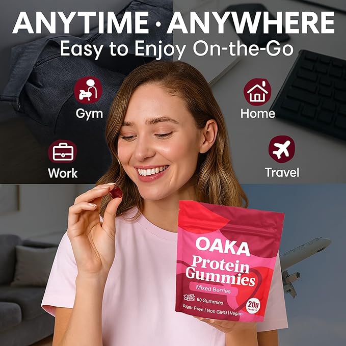 OAKA Protein Gummies, 20g Protein per Serving, Support Hair, Skin, Nails Health, Boost Energy, Protein Supplement for Women Men, Zero Sugar, Vegan, Mixed Berries Flavor, 60 Gummies