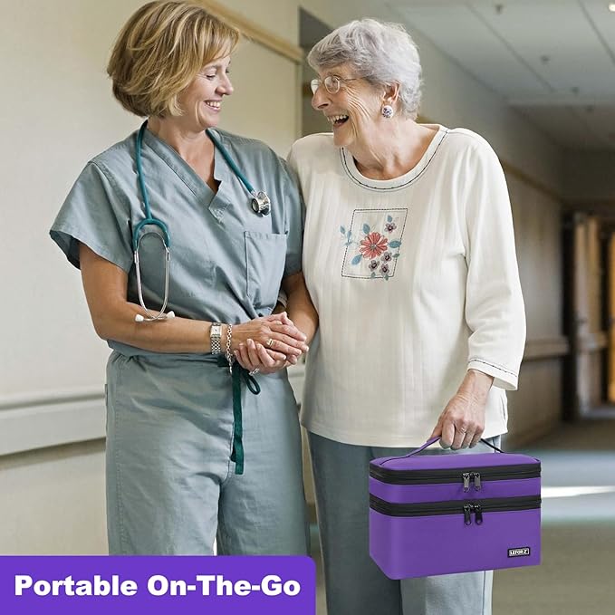 LEFOR·Z Medicine Storage Bag,Double Layers Pill Bottle Organizer Bag Empty with Lockable Zipper&Adjustable Divider,Medication Travel Carrying Bag for Pills,Vitamins,Medical Supplies,Purple