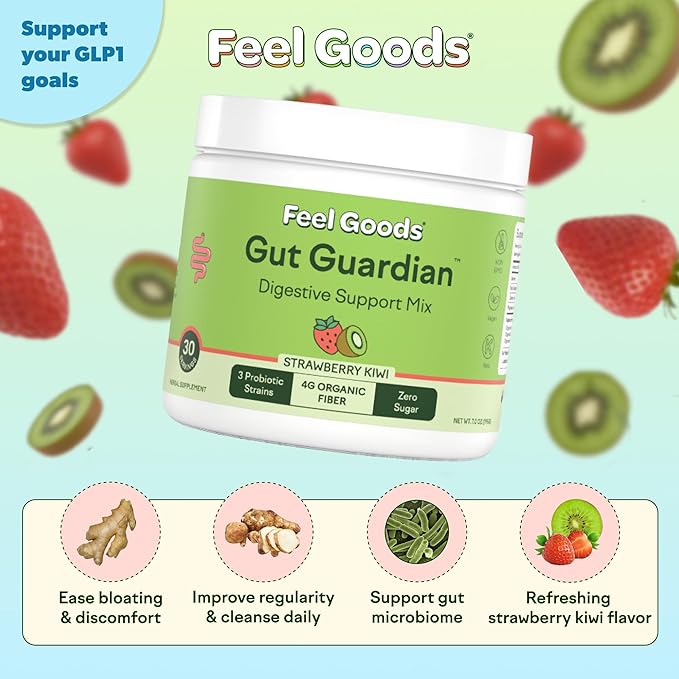 Feel Goods Gut Guardian, Gut Health Powder Drink Mix - Probiotic Fiber Powder with Prebiotics & L Glutamine for Digestive Health, Bloating Relief & Digestion Support - Zero Sugar & Organic Flavor