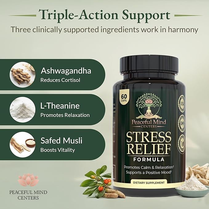 Stress Relief Formula - Natural Ashwagandha Capsules GMO Free - unflavoured Quality Herbal Wellness Supplement for Relaxation and Mental clarity-60-count