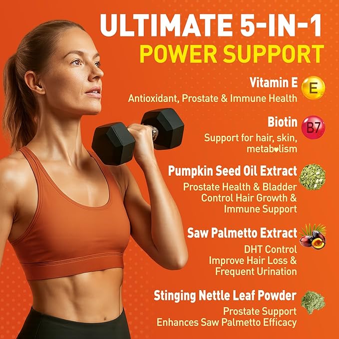 Pumpkin Seed Oil Gummies, Organic Pumpkin Seed Oil Supplements with Saw Palmetto, Biotin for Skin & Hair Growth, Cold Pressed Pumpkin Seed Extract with Stinging Nettle for Prostate Health, Vegan, 60