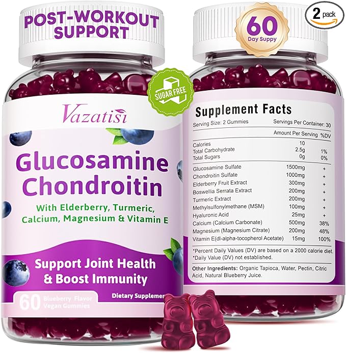 2 Pack Glucosamine Chondroitin Gummies - Glucosamine Chondroitin with MSM, Elderberry, Turmeric, Joint Support Supplement for Adults, Men & Women - Blueberry Flavor, 120 Cts