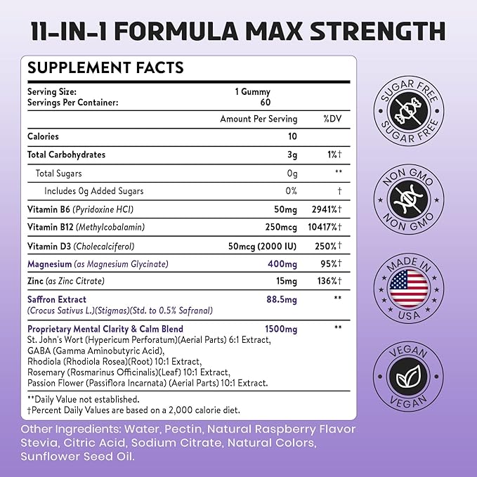 Saffron Gummies 88.5 mg with Magnesium, Max Strength Saffron Supplements with St. John’s Wort, GABA, Rhodiola, Rosemary & Passion Flower Extracts for Mood, Focus - 120 Servings