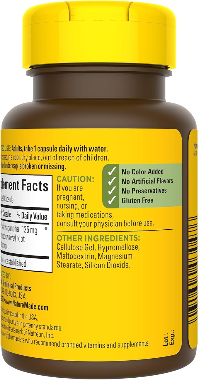 Nature Made Ashwagandha Capsules 125mg for Stress Support, Ashwagandha Supplements, 60 Capsules, 60 Day Supply