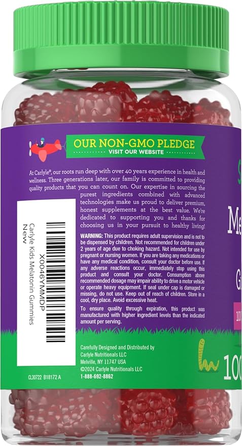 Carlyle Kids Melatonin Gummies | 1 mg 100 Count | Fruit Flavor Gummy | Vegan, Non-GMO, Gluten Free | by Lil Sprouts