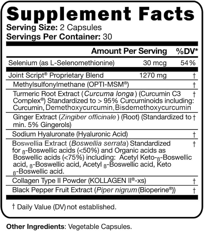 Suzy Cohen Joint Script Joint Support Supplement with Hyaluronic Acid, C3 Curcumin Turmeric Extract, MSM, Collagen Peptides, Ginger, and Boswellia for Maximum Flexibility, Tendon and Cartilage Health