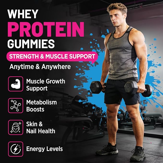 Protein Gummies, Chewable Whey Protein Supplement with L-Glycine & L-Leucine, 10g Protein for Women & Men, Muscle, Hair, Skin & Nails, 120 Count
