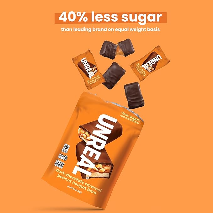 UNREAL Dark Chocolate Caramel Peanut Nougat Bars, 70% Organic Ingredients, Fair Trade, Non-GMO, No Corn Syrup, Sugar Alcohols, Soy, 209grams (3 Value Size Bags)
