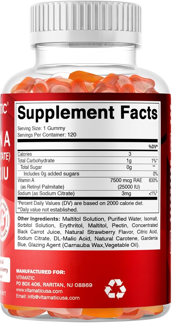 Vitamatic Sugar Free Vitamin A 25000 IU Gummies (Retinyl Palmitate) - Natural Strawberry Flavor - 120 Pectin Based Gummies (2 Bottles)