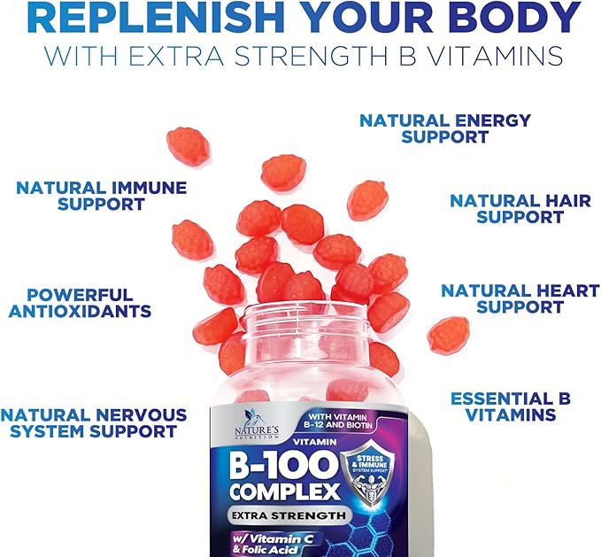 Vitamin B Complex Gummies - Extra Strength Super B Vitamin Gummy with Vitamin C For Immune Support - Energy Support Supplements with Folic Acid, Niacin, B6, B12 & Biotin for Men & Women - 60 Gummies