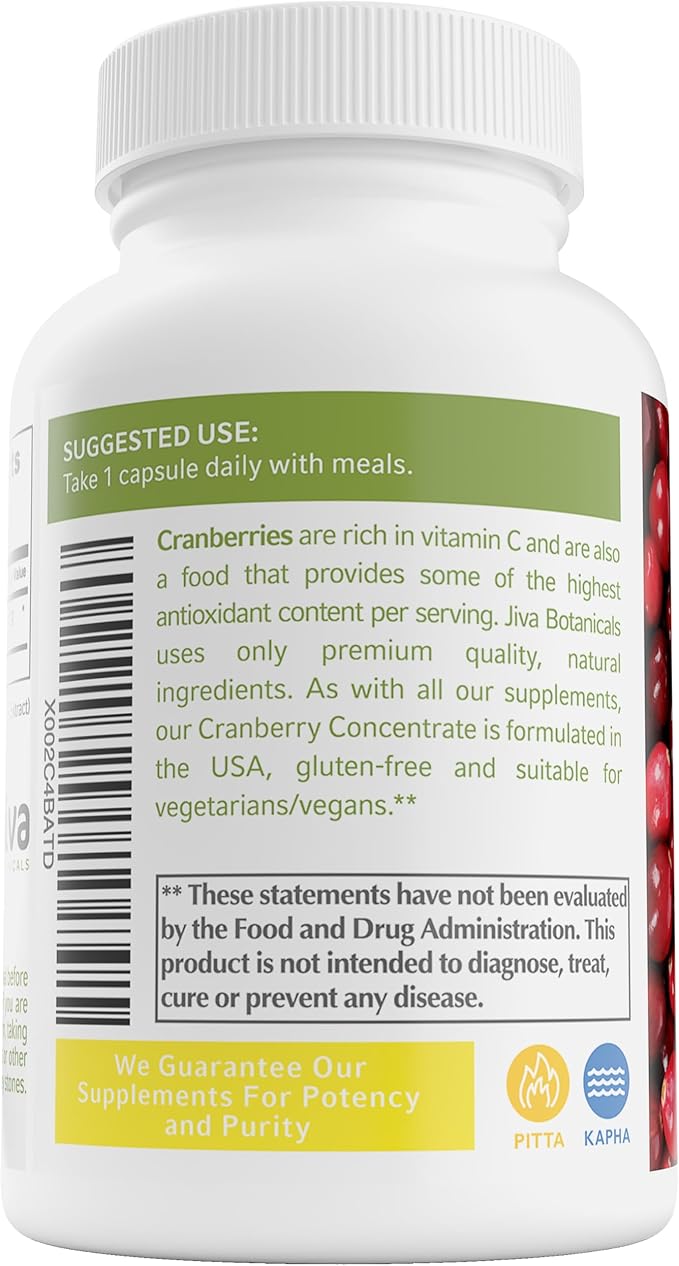 Jiva Botanicals Concentrated Cranberry Supplement - 650 mg Cranberry Powder Extract Pills for Women - High Potency for Normal Urinary Tract Health - 60 Capsules (Pack of 1)