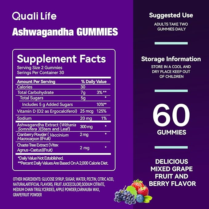 Ashwagandha Gummies for Relax & Cortisol Support – High Strength Root Extract with Cranberry & Chaste Tree, Grapefruit & Berry Flavour – Vegan, Non-GMO, Gluten-Free – 120 Gummies (60 Days)
