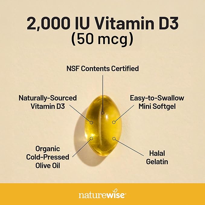 NatureWise Vitamin D3 2000iu (50 mcg) 1-Year Supply for Immune Support, Healthy Muscle Function, and Bone Health - Non-GMO, Gluten Free in Organic Extra Virgin Olive Oil, (Mini Softgel), 360 Count