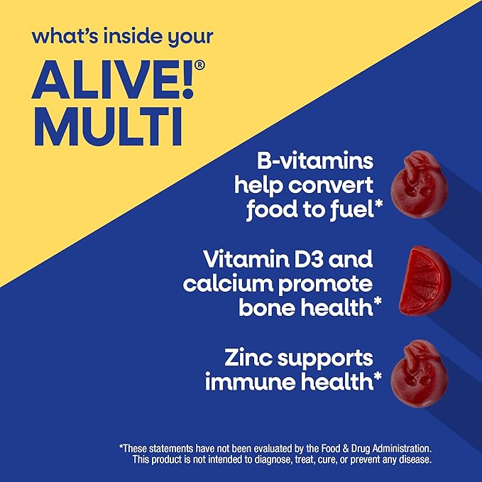 Nature’s Way Alive! Men’s Multivitamin Gummies, Daily Gummy Vitamin for Men, Supports Cellular Energy Metabolism, Immune Health, Muscle Function*, With Vitamins A, C, D3, Zinc, Vegetarian, 60 Count