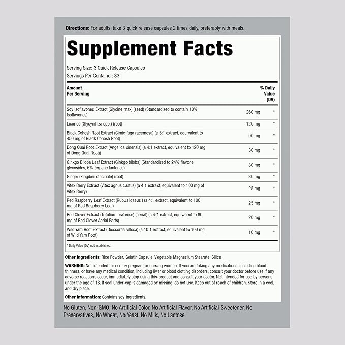 Piping Rock Menopause Ease Supplement | 100 Capsules | Advanced Support for Women | with Black Cohosh and Wild Yam | Non-GMO, Gluten Free