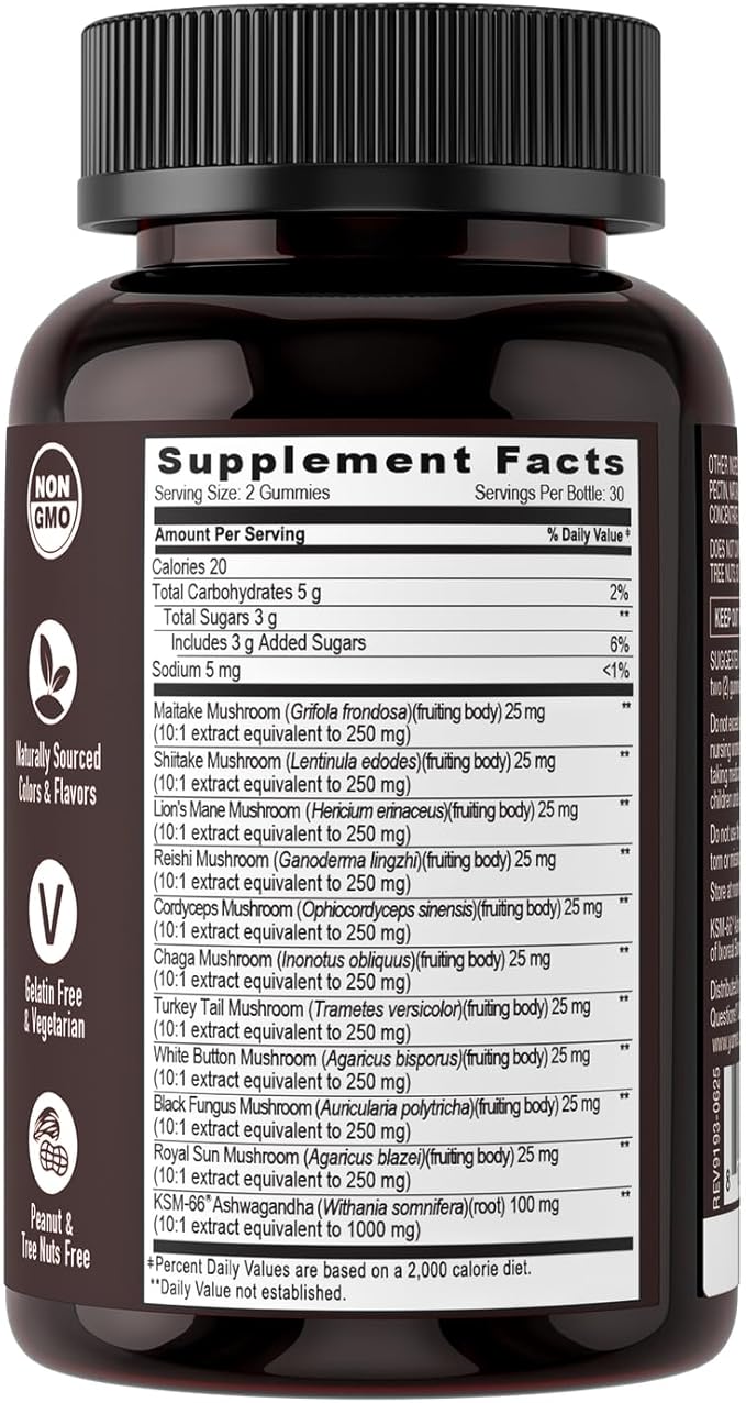 Mushroom Gummies with Ashwagandha - 350mg 10-in-1 Mushroom Blend - Lions Mane, Cordyceps, Reishi, Chaga, Turkey Tail, Maitake, Shiitake - Gelatin Free, Vegetarian - 60 Count (2 Per Serving)