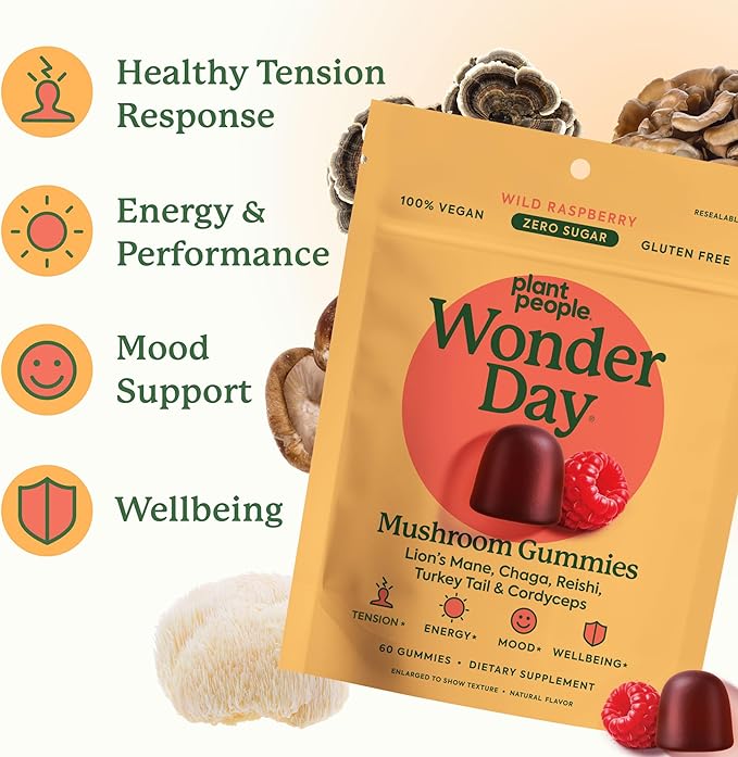 Plant People WonderDay Mushroom Gummies - Lion’s Mane, Cordyceps, Chaga Mushroom Supplement to Support Immune System De-Stress Boost Mood & Energy in Adults Natural, Vegan, Non-GMO (60 Count)