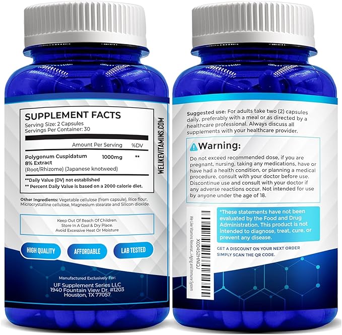 We Like Vitamins Resveratrol 1000mg per Serving - 60 Easy to Swallow Veggie Capsules - Natural Resveratrol Supplement 1000mg - Antioxidant Supplement Helps Support Immune System