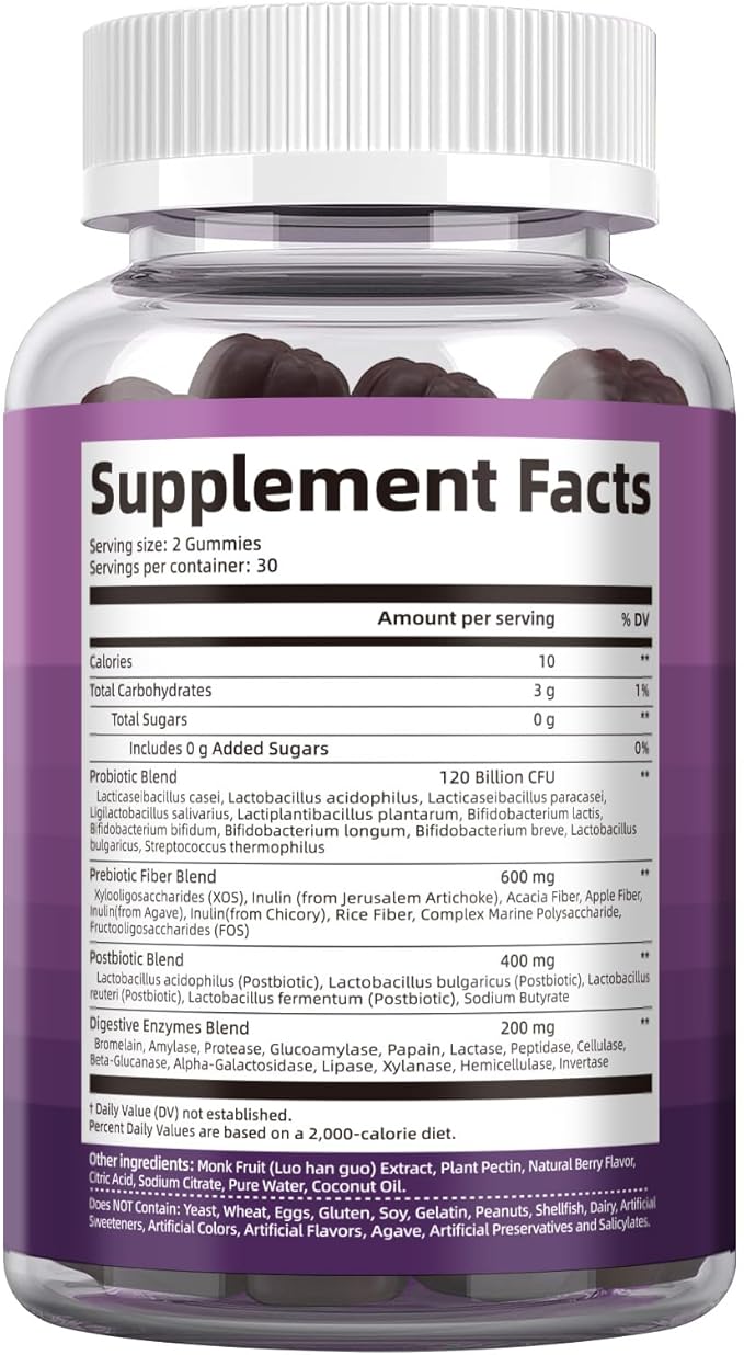 Migcopat Pre Post Probiotics Gummies, Probiotic Prebiotic Postbiotic Digestive Enzymes with Fiber, 120 Billion CFU Probiotics Complete Gut Support, Sugar Free, Vegan, BlackBerry Flavor, 60 Cts