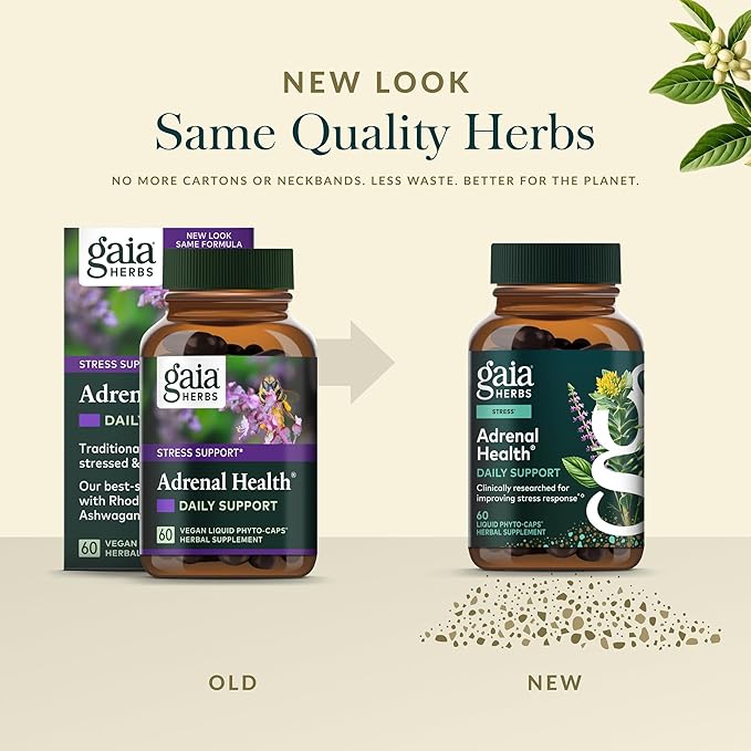 Gaia Herbs Adrenal Health Daily Support - Herbal Supplement with Ashwagandha, Holy Basil & Schisandra - Help Maintain Healthy Energy & Stress Levels* - 60 Vegan Liquid Phyto-Caps (30 Servings)