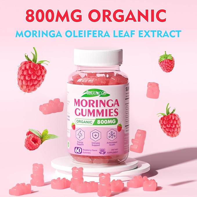 Moringa Gummies - Pure Moringa Leaf Supplement for Adults, Contains Essential Vitamins, Antioxidants & Amino Acids, Sugr-Free, Raspberry Flavor, 60 Count