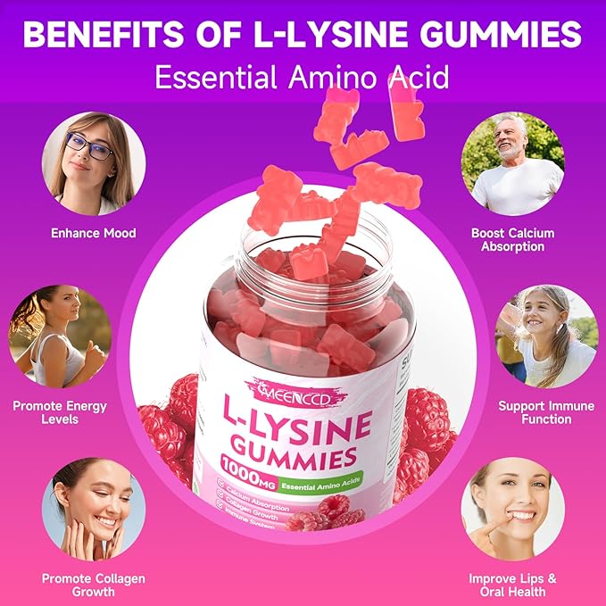 MEENCCD 2 Pack L-Lysine 1000mg Gummies, Lysine Supplement for Adults & Kids, Essential Amino Acid Supplement Supports Collagen Formation, Sugar-Free, Raspberry Flavor, 120 Count