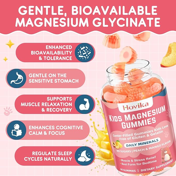 Magnesium Glycinate Gummies for Kids: Calm Magnesium Supplement for Kids & Adults with Zinc Citrate, GABA, Chamomile, Vitamin B6 & C - Sleep, Relaxation & Focus, Juicy Peach & Mango Flavor 120ct
