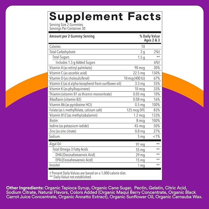 SmartyPants Toddler Multivitamin Gummies, Omega 3 (DHA/EPA), Vitamins D3, C, Vitamin B12, B6, A, K & Zinc, Biotin, Gluten Free, Three Fruit Flavors, 60 Count (30 Day Supply)