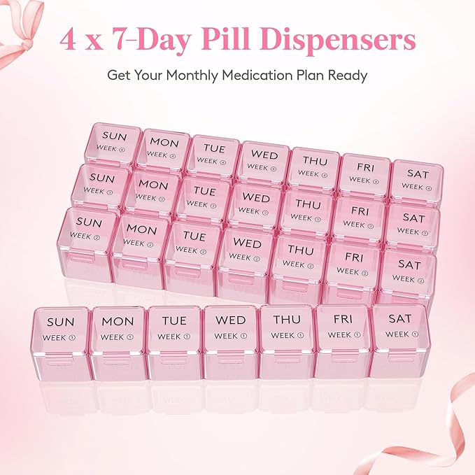 Lifewit Monthly Pill Organizer, 28 Day Pill Box, 4 Weeks One Month Vitamin Cases, Large Compartments Medicine Organizer for Fish Oils, Supplements, 28 Grids, Pink
