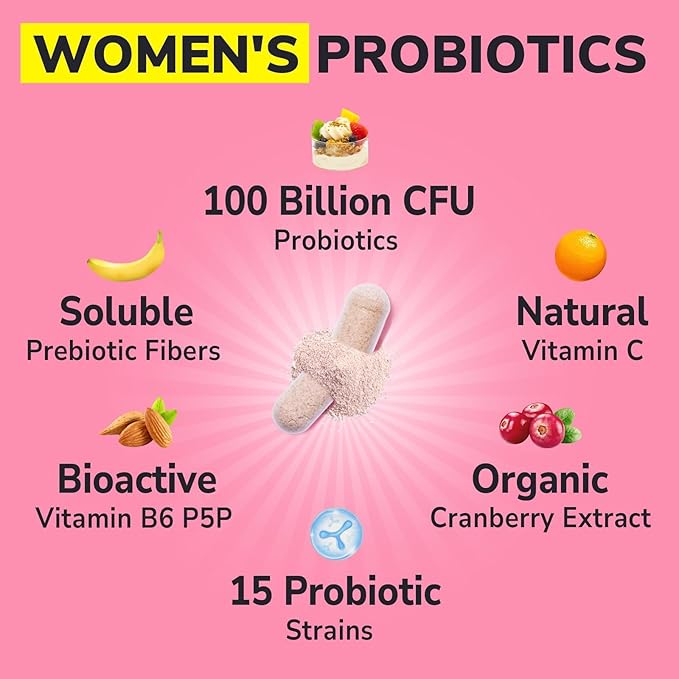 Probiotics for Women 100 Billion CFU 15 Strains, DailyProbiotic & Prebiotic Supplement with Organic Cranberry to SupportVaginal, Digestive, Immune Health, Shelf Stable, 60 Vegan Capsules