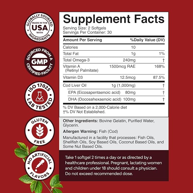 Icelandic Wild Caught Cod Liver Oil Softgels - Fish Omega 3, EPA, DHA, Vitamin D & A, 1000mg Per Serving - Burpless Capsules for Healthy Heart, Healthy Joints, Brain & Immune Support - 60 Count