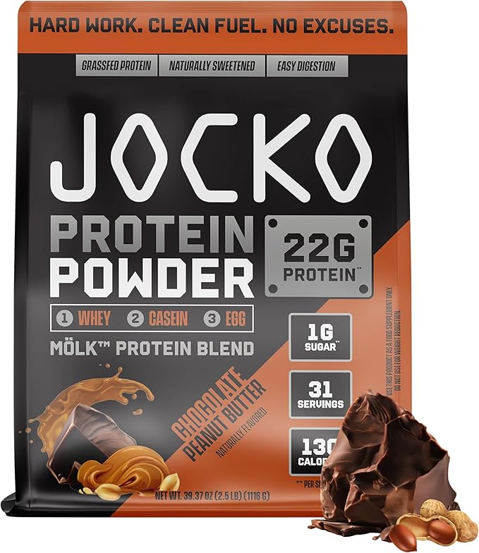 Jocko Fuel Mölk Whey Protein Powder 22g Low Sugar Monk Fruit Blend - Muscle Recovery & Growth, Packaging May Vary (25 Servings, Chocolate Peanut Butter)