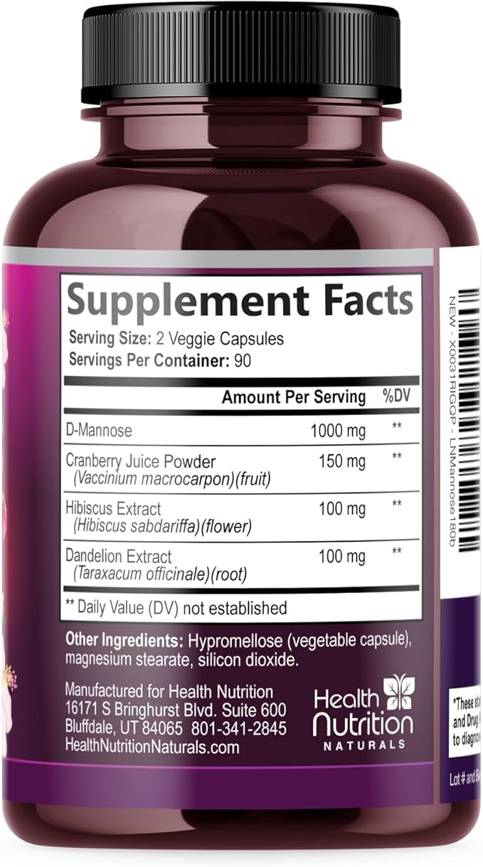 D-Mannose Supplement - 1,000mg D Mannose Per Serving with Cranberry, Hibiscus & Dandelion - Fast-Acting, Natural Urinary & Bladder Support for Women & Men – Flush & Cleanse Impurities – 180 Capsules