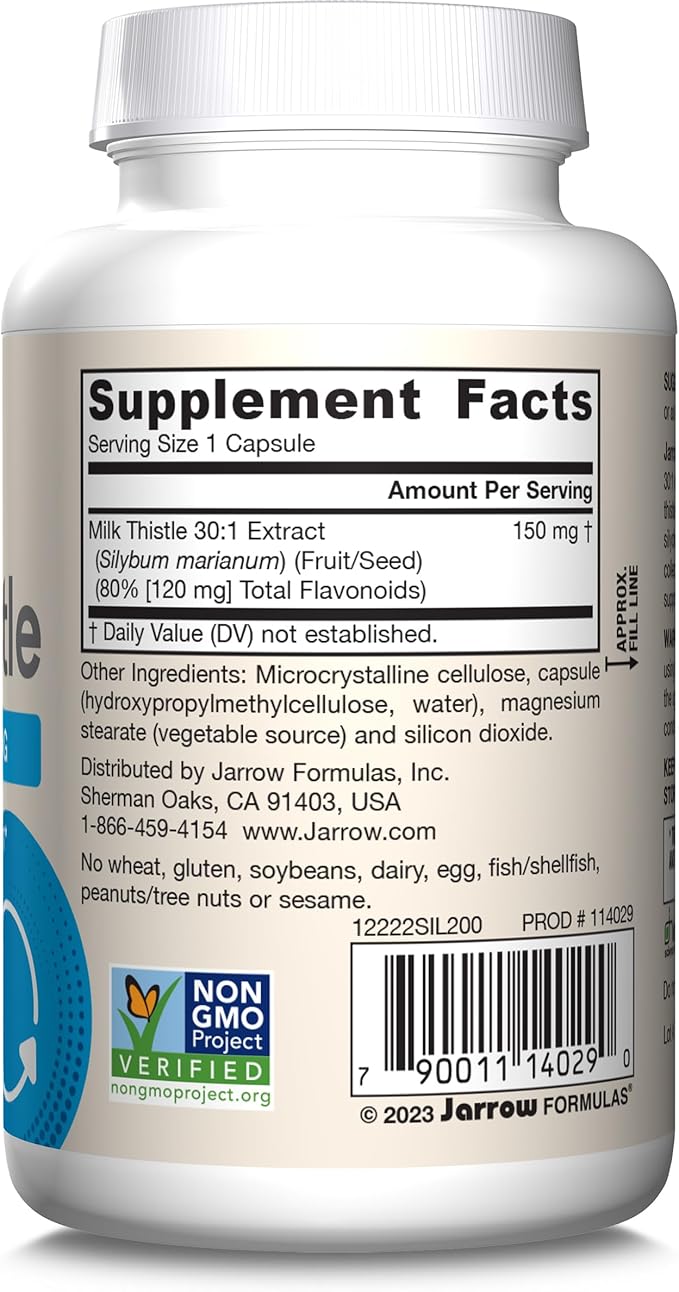 Jarrow Formulas Milk Thistle 150 mg With 30:1 Standardized Silymarin Extract, Dietary Supplement for Liver Function Support, 200 Veggie Capsules, 66-200 Day Supply, 12 Packs