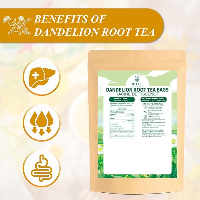 WT WEETEE Raw Dandelion Root Tea Bags, 100 Count Premium Dandelion Tea, Natural, Unprocessed, Earthy Flavor, Caffeine Free Herbal Tea