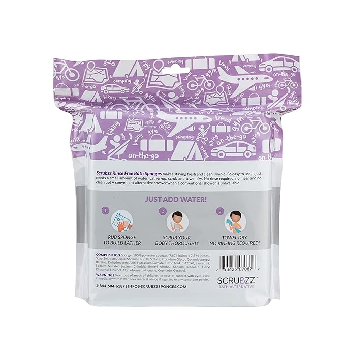 Scrubzz Disposable No Rinse Bathing Wipes - All-in-1 Single Use Shower Wipes, Simply Dampen, Lather, and Dry Without Shampoo or Rinsing (Lavender, 4-Pack)