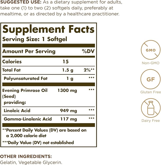 Solgar Evening Primrose Oil 1300 mg, 60 Softgels (Pack of 3) - Promotes Healthy Skin - Nutritional Support for Women - Non-GMO, Gluten Free, Dairy Free - 180 Total Servings
