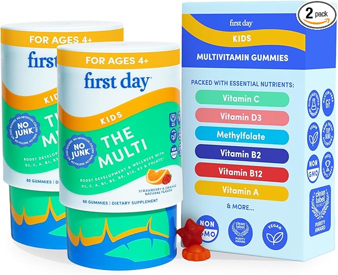 FIRST DAY Kids Multivitamin Gummies Age 4+, Strawberry & Orange - Kids Vitamins Multivitamin Gummy A C D3 K2 B1 B2 B6 B12 Folate, Immunity & Brain Function, Vegan - 60 Day Supply, Packaging May Vary