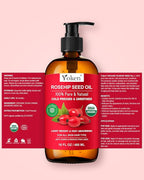 Yoken Organic Rosehip Seed Oil, USDA 100% Pure Rosehip Oils for Face, Hair & Body, Large Glass Bottle 16 fl oz Cold Pressed Rose Hip Oil for Skin Care, Moisturizing, Massage, Gua Sha & DIY Blends