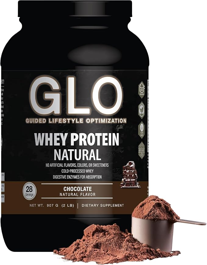 GLO Health Foods Cold Processed Whey Protein - Chocolate Flavor - 24g Protein per Serving - Whey with Digestive Enzymes & BCAAs - Supports Muscle Growth, Strength & Recovery - 2 LB (28 Servings)