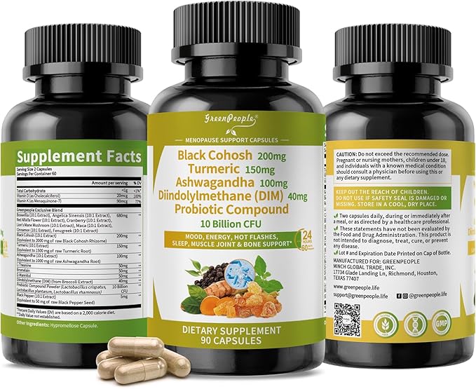 GREENPEOPLE Menopause Supplements for Women - Black Cohosh & Ashwagandha for Hot Flashes, Night Sweats, Mood Swings, Hormonal Balance Support,10 Billion CFU Probiotic - 120 Capsules Vegan Gluten-Free