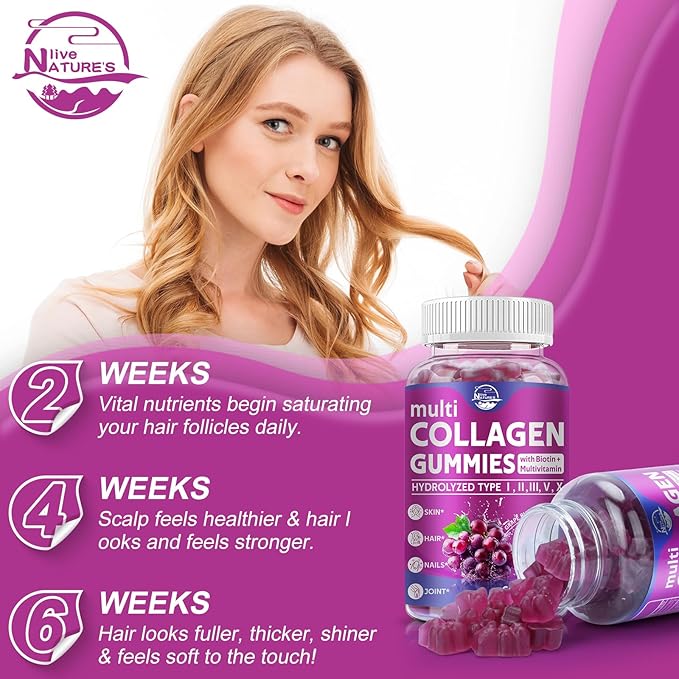 Nature's live Multi Collagen Peptides Gummies, Type I, II, III, V, X - Hydrolyzed Collagen Peptides Gummies, Supports Healthy Skin, Strong Nails & Thick Hair, Grape Blueberry Flavor, 60 Count