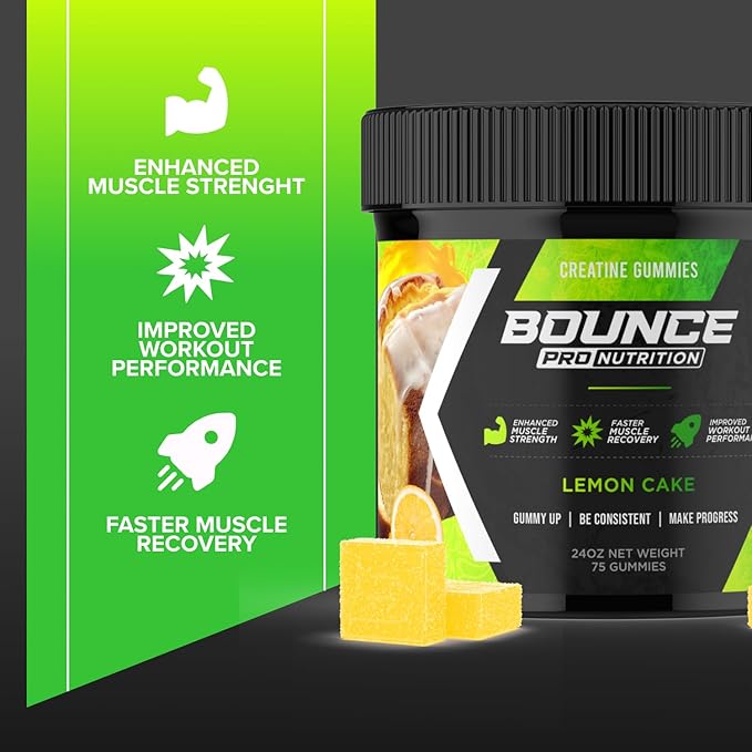 Bounce Pro Creatine Monohydrate Gummies for Men & Women, Low Calorie, 6G of Creatine per Serving, Vegan, Anti-Melting, Gluten-Free, Non-GMO (75 Count (Pack of 1), Lemon Cake)